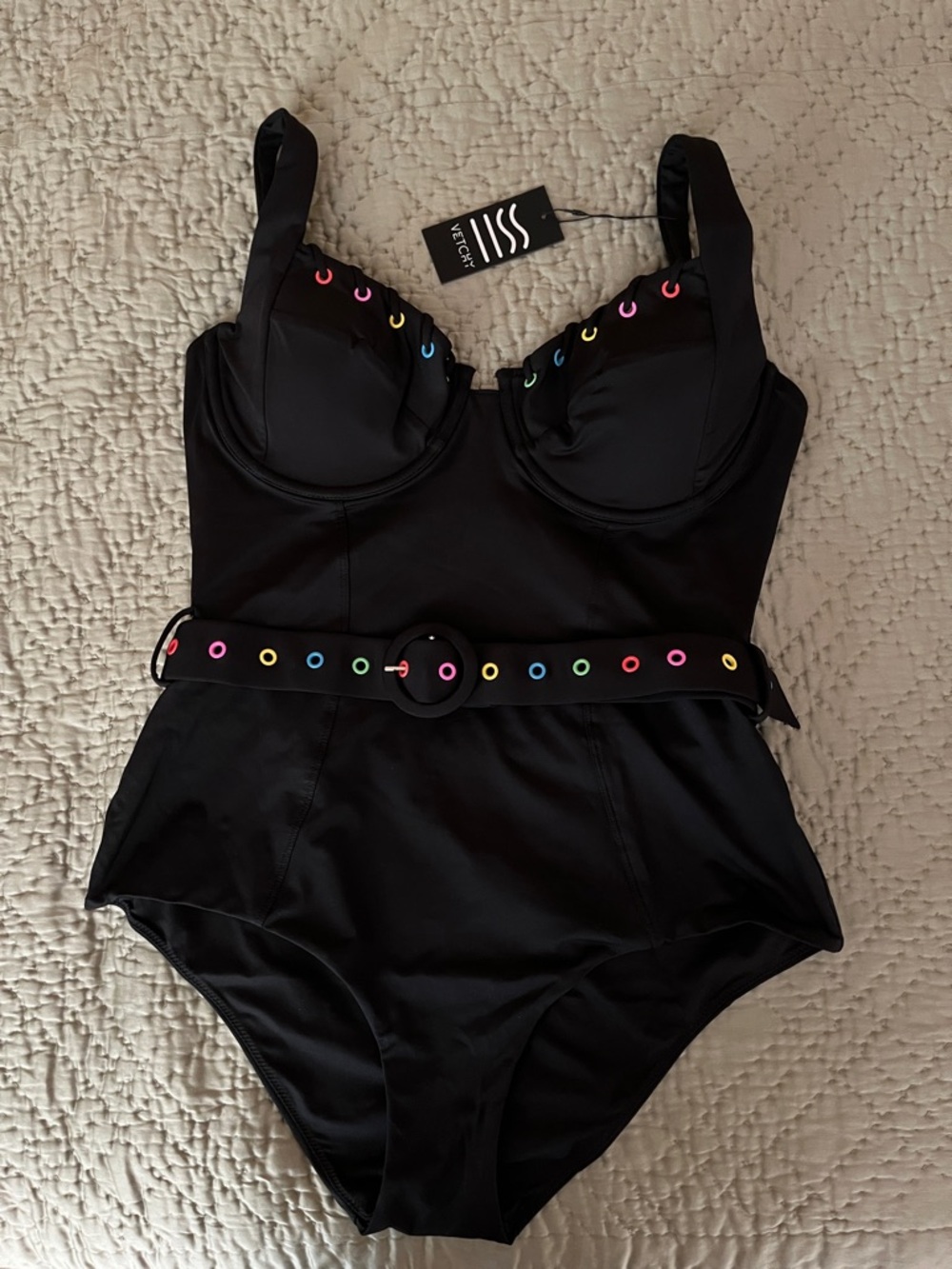 Black One-Piece swimsuit with Multicolor Eyelet Belt